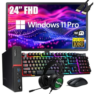 Lenovo ThinkCentre M700 Tiny Desktop PC with 24" FHD Monitor, Intel Quad Core i5-6500, 16GB DDR4 RAM 256GB SSD, 2 DisplayPort, Keyboard & Mouse, WiFi, Windows 11 Pro (Renewed)