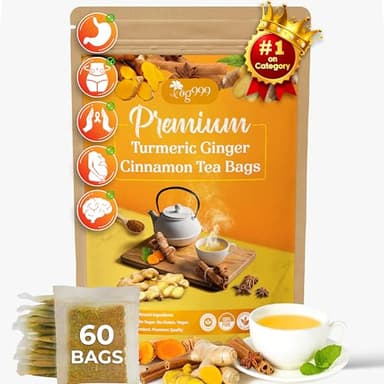 TOG999, 60 Bags Premium Turmeric Ginger Cinnamon Tea, Improve Digestion, Support Brain, Weight, Skin and Sleep, Eco-Conscious Tea Bags and Premium Natural Ingredients. Turmeric Ginger Herbal Tea. No Sugar, No Caffeine, No Gluten, Vegan.
