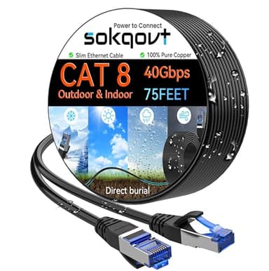 Sokqovt Cat 8 Ethernet Cable Slim 75ft Outdoor&Indoor, Pure Copper Cat8 Internet Cable for Waterproof & Direct Burial, Flexible Cat8 Ethernet Cable 40G 2000MHZ, Cat 8 Network Cable for Indoor Black