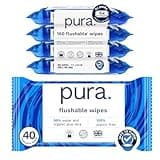Pura Adult Flushable XL Unscented Wipes, 4 Packs of 40 Toilet Wipes (160 Wipes) Adult Wet Wipes, 99% Water & Aloe Vera, Personal Cleansing Wipes, Sensitive Skin