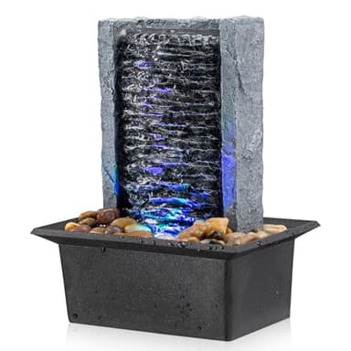 Tabletop Fountain Indoor Waterfall Rock Fountain LED-Lights Water Feature Waterfall for Modern Home and Office Indoor Decoration