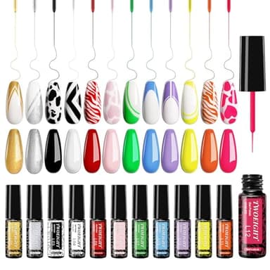 TWOEIGHT Gel Nail Polish Liner Nail Art 12 Colors 8ml UV Lamp Soak-off Polishes Pigmented White Red Pink Green Gold Glitter Built Thin Brush in Bottle Manicure DIY at Home Salon Quality Gift for Women