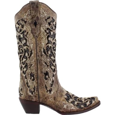 Corral Boots Womens Sequin Tooled Inlay Snip Toe Pull On Dress Boots Mid Calf Mid Heel 2-3" - Brown - Size 8 B