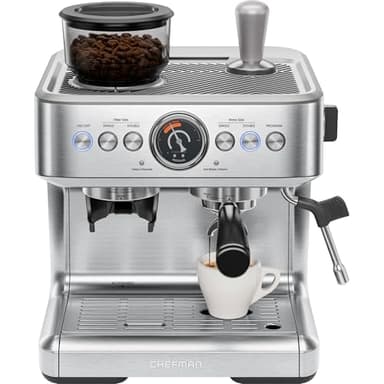 Chefman Crema Supreme 15 Bar Espresso Machine with Milk Frother, Barista Steam Wand, Professional Coffee Maker with Coffee Grinder, 30 Grind Settings, 3L Removable Water Tank - Stainless Steel