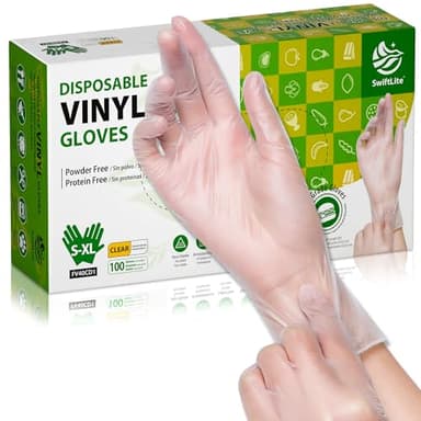 SWIFTLITE Disposable Vinyl Gloves, Food Safe, Latex-Free Powder-Free Clear Plastic Gloves for Cooking, House Clean, Food Prep (100, Medium)