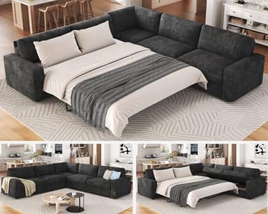 AMERLIFE 106" Oversized Sofa Bed, Sectional Sleeper Sofa with Pull Out Bed, 3 in 1 Convertible Sofa Bed, L Shaped Couch with Storage, High Resilience Mattress, Linen Grey