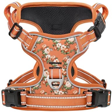 Timos Dog Harness, No Pull Dogs Harness 3 Snap Buckles Adjustable Reflective No Choke Pet Vest for Small Dog with Soft Padded Control Training Handle for Outdoor Training,Flower Orange, S
