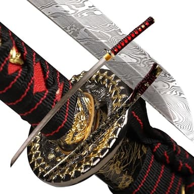 OKSs Katana Sword Real Rayskin Hardwood Saya Handmade Japanese Samurai Sword Can Chop Bamboo (16.Twist Damascus Red Gold)