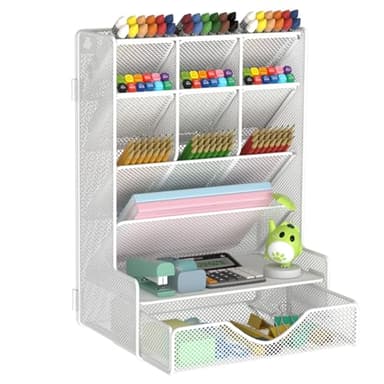 BOHDK Pen Organizer for Desk, Multi-Functional Desk Organizer, Wall Mount Pen Holder with Drawer for School, Office, Home, Art Supplies, White