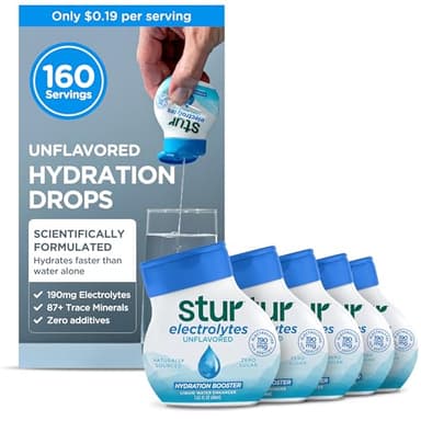 Stur Electrolyte Drops | Source of B Vitamins for Instant Hydration | No Sugar, No Sweeteners | Zero Calories | Unflavored Liquid Water Enhancer | Vegan & Keto Friendly | 5 Bottles (Makes 160 Drinks)