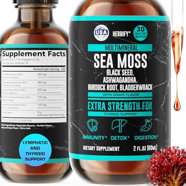 HERBIFY Sea Moss Multimineral Liquid Complex Thyroid Supplement with Irish Sea Moss - Lymphatic Drainage Drops - Immune & Thyroid Support for Women and Men - Grape Flavor, 2 Fl Oz, Made in USA