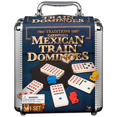 Spin Master Games, Mexican Train Dominoes Set in Aluminum Carry Case, Includes Colorful Trains for Fun-Filled Family Game Night, for Kids & Family, 2-8 Players, for Ages 8 & Up