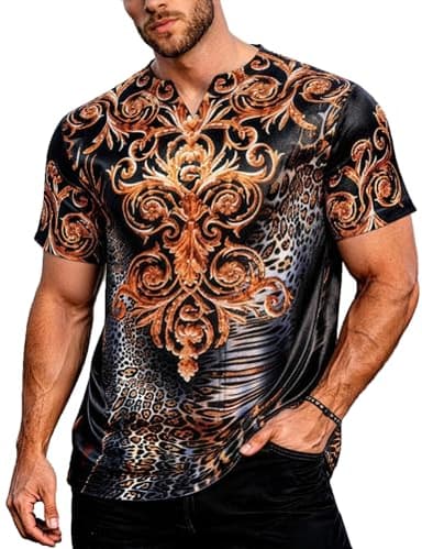 Men's Satin V Neck T Shirt, Silky Baroque Paisley Animal Print Short Sleeve Regular Fit Graphic Tee for Tropical Vacation Beach Party Prom Streetwear, Fashion Top