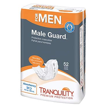 Tranquility Male Guards, Premium Incontinence Shields for Maximum Absorbency, Adhesive Strip for Secure Placement, Discreet Design, One Size, 52ct Bag
