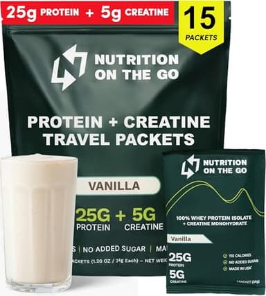 Nutrition On The Go Whey Protein Isolate Packets with Creatine - 25g Protein + 5g Creatine - Single-Serve Travel Protein Powder - 5.9g BCAAs, Keto & Low-Carb, Gluten-Free - Vanilla (15-Pack)