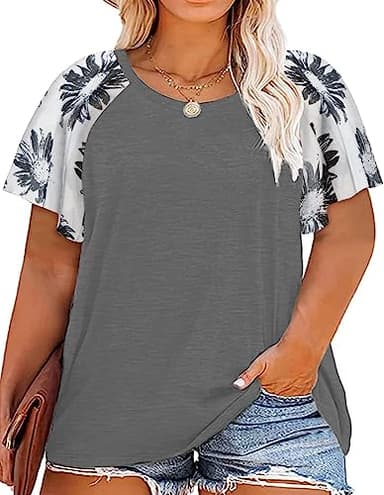 HDLTE Women Plus Size Tops Casual Summer Shirt Floral Bell Short Sleeve Tunic for Ladies Oversized Blouse(B-06_Light Grey,3XL)