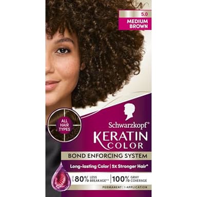 Schwarzkopf Keratin Permanent Hair Dye Cream, 5.0 Medium Brown, Professional Quality Color for Up to 100% Gray Coverage, Bond Enforcing System