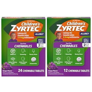 Children's Zyrtec Dye-Free Chewables for 24 Hour Allergy Relief, 2.5 mg Cetirizine Hydrochloride Antihistamine Tablets, Kids Allergy Medicine Relieves Sneezing & Itchy Throat, Grape, 24 + 12 ct