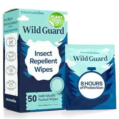 Wild Guard Mosquito Repellent Wipes (50 Pack), DEET Free Insect Repellent, Individually Wrapped Bug Wipes for Kids and Family, Travel Size for Camping, Hiking and Beach, 8 Hour Protection