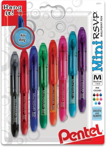 RSVP Mini Ballpoint Pen, (1.0mm) Medium Line, Assorted Ink Colors, w/Key Ring, 8 Pack