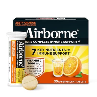 Airborne 1000mg Vitamin C with Vitamin D & Zinc, Sugar Free Multivitamin Immune Support Supplement, Antioxidants Vitamins A C & Vitamin E, 30 Effervescent Tablets, Zesty Orange Flavor