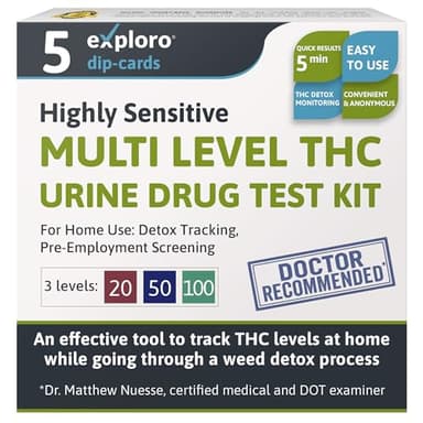 Exploro Multi Level THC Drug Test Kit – 3 Level Marijuana & Weed Test at Home (20, 50, 100 ng/ml) – Urine THC Test Strips for Detox Cleanse Monitoring, Pre-Employment & Personal Use (Pack of 5)