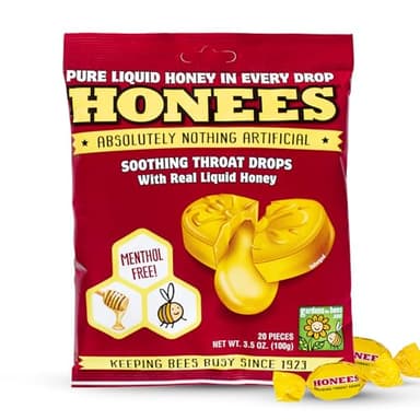 Honees Honey Filled Drops, Honey Cough Drops with Real Honey-Natural Sore Throat Relief-Nothing Artificial-Throat Coat Lozenges, Natural Cough Suppressant, Non-GMO (1 Pack – 20 Drops)