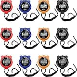 TOODOO 12 Pack Multi Function Digital Stopwatch Timer Bulk Sports Stopwatch with Lanyard Plastic Display Waterproof Date Time Alarm Timer for Coaches Fitness Referees(Black Blue Red Orange)