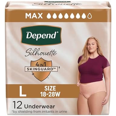 Depend Silhouette Adult Diapers, Incontinence & Postpartum Bladder Leak Underwear for Women, Maximum Absorbency, Large, Pink, 12 Count, Packaging May Vary