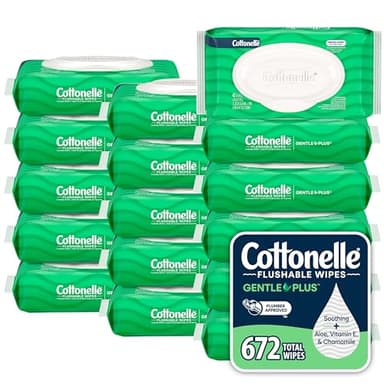 Cottonelle GentlePlus Flushable Wet Wipes with Aloe & Vitamin E, 16 Flip-Top Packs, 42 Wipes Per Pack (672 Total Wipes), Packaging May Vary
