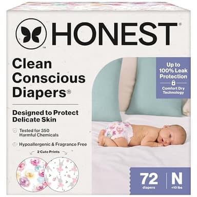 The Honest Company Comfort Dry Disposable Diapers for Sensitive Skin, Hypoallergenic, Rose Blossom + Tutu Cute, Club Box Size Newborn 72 Count