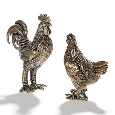 BOHUIZ 2pcs Brass Rooster and Hen Figurine, Vintage Sculpture Art Piece Decorative Rooster Chicken Ornaments for Home Office or Café Fun Gifts for Girl, Mom, and Wife