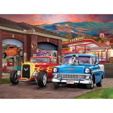 Bits and Pieces 50 Piece Puzzles for Adults 50 Large Pieces 15" x 19" Jigsaw Puzzles, Classic Cars Hot Rods, Random Die Cut, No 2 Pieces Alike, Hot Rod Sunset