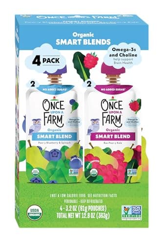 Once Upon a Farm Organic Smart Blend, Pear-y Blueberry and Spinach and Rasp-Pear-y Kale Variety 4PK, Kids Snack, 3.5oz Pouch