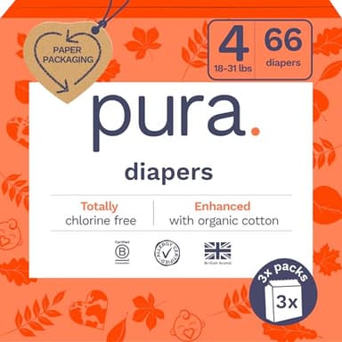 Pura Size 4 Eco-Friendly Diapers (18-31lbs) TCF Hypoallergenic, Soft Organic Cotton, Sustainable, up to 12 Hours Leak Protection, Allergy UK, Recyclable Packaging, 3 Packs of 22 (66 Diapers)