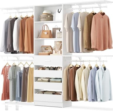 Aheaplus Closet System with Drawers, Wood Closet Organizer System with 4 Hanging Rods & Top Shelves, Walk-in Closets Organizer Wardrobe Clothes Rack System, Cut Fits Spaces 4-9FT. Wide, White