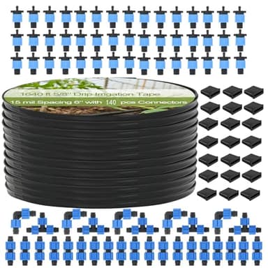 1640 ft 5/8" Drip Irrigation Tape Kit 15 mil Emitter Spacing 6" Flat Drip Tape with 140 PCS Drip Tape Connectors Automatic Irrigation Equipment for Garden Irrigation Emitter Flow:0.79 GPH