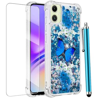 CAIYUNL for Samsung Galaxy A05 Case with Screen Protector,Cute Glitter Bling Liquid Shockproof Soft TPU Slim Silicone Flexible Phone Case Girls Women Protective Cover for Samsung A05-Blue Butterfly