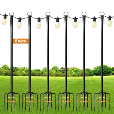 MuliVid 6 Pack 9FT String Light Poles for Outdoor,Metal Lights Hanging Pole Outside with Fork,Light Stand for Patio, Pergola, Garden, Backyard, Yard, Camping Party