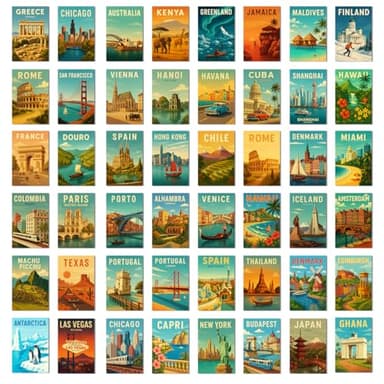 TracyArt Vintage Travel Postcards - Around The World Decorations, Vintage Travel Posters, Unframed 48 Pcs 4" x 6"