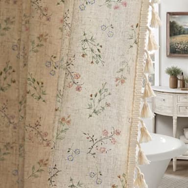 XOGUIBO Floral Farmhouse Vintage Linen Shower Curtain, French Country Spring Shower Curtains for Bathroom with Tassels, 72Wx72H