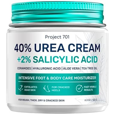 PROJECT 701 Urea Cream 40 Percent for Feet Maximum Strength, Callus Remover Foot Cream, Dry Cracked Heels Exfoliating Lotion with Salicylic Acid, Ceramides, Tea Tree Oil – Women and Men, 4.3 oz