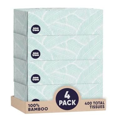 Save Trees Bamboo Facial Tissues - 4 Boxes of Eco-Friendly, 3-Ply Hypoallergenic Tissues, 90 Sheets per Box, FSC Certified, Plastic-Free Packaging, Soft & Gentle for Home Use