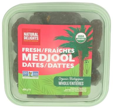 Natural Delights Fresh Medjool Dates (1 lb.) | Great Snacks for Adults and Kids | Non-GMO Verified | Superfood | No Sugar Added | Good Source of Fiber | 16 Vitamins & Minerals Packaging may vary
