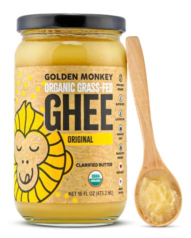 GOLDEN MONKEY Organic Ghee Butter – Grass Fed Clarified Butter for Cooking, Baking, Keto & Gut Health – Ghee Butter Organic Grass Fed from Small Farms – Smooth Spread with High Smoke Point (16oz)