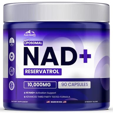 PURE HEALTH MAX PHM NAD Resveratrol Supplement - 10,000MG Extra Strength | NAD+ Liposomal Supplements for Men and Women | NMN & NMNH Alternative | 90 Capsules, 1.5 Months Supply