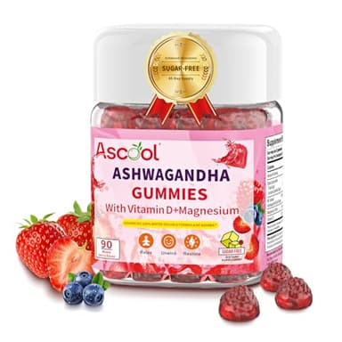 Ascool Ashwagandha Gummies for Stress Support & Relaxation with Magnesium + Vitamin D – 90 Count Sugar-Free, Vegan Ashwa Supplement