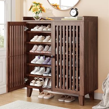 IRONCK Shoe Cabinet with Slatted Doors, 6-Tier Shoe Storage Cabinet with Adjustable Shelves, Wooden Shoe Rack Organizer for Entryway, Hallway, Closet, Living Room (Walnut)