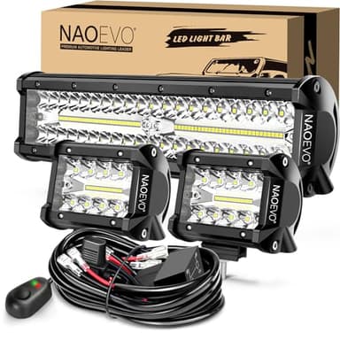 NAOEVO 12Inch LED Light Bar and 2PCS 4Inch LED Pod Lights, 420W 42000LM LED Fog/Driving/Off Road Lights Bar, Spot Flood Combo LED Light Bar with Wiring Harness Kit-3 Lead for Truck ATV Boat