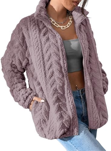Dokotoo Sherpa Christmas Fleece Jacket for Women Oversized Zip Up Long Sleeves Baggy Stand Collar Side Pockets Oversized Outfits Plus Size,Purple Small